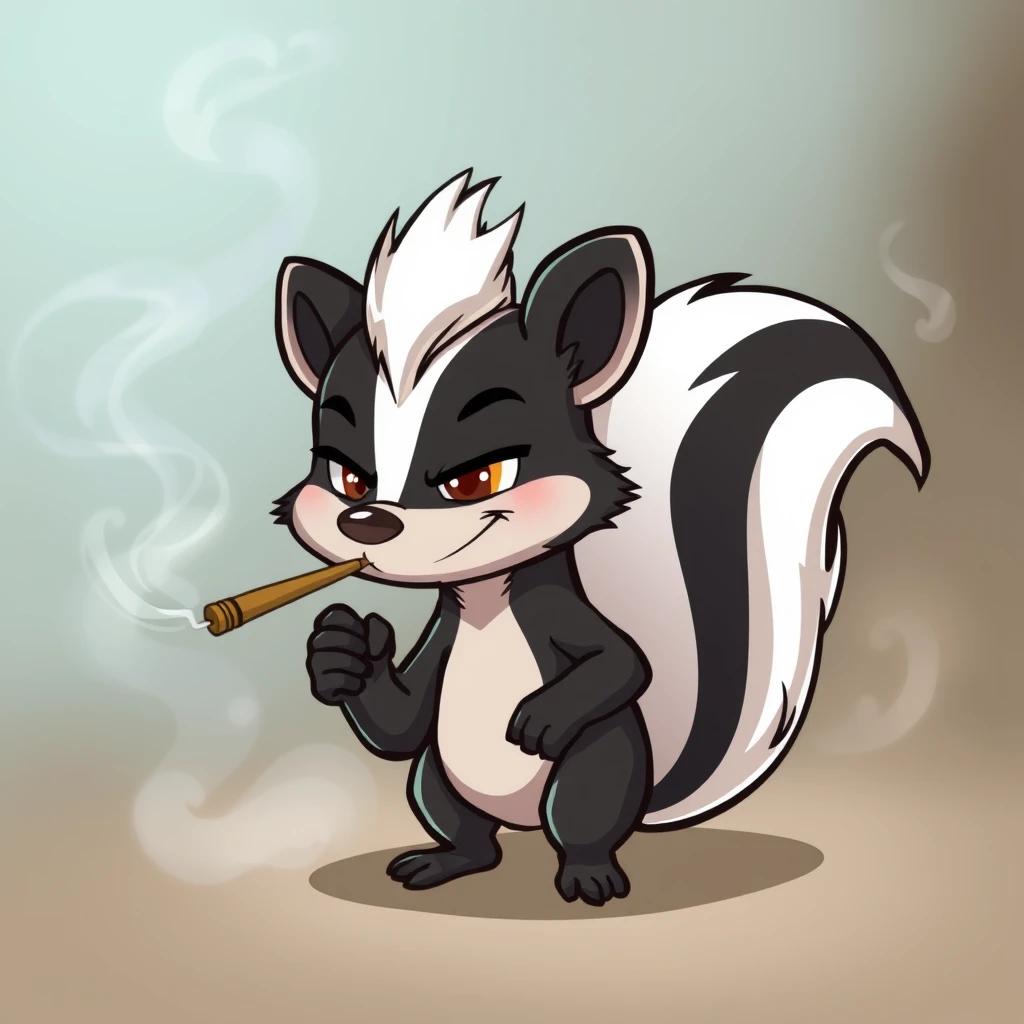 A cartoon-style skunk with a mischievous expression, holding a lit joint between its fingers. The skunk is surrounded by thick, swirling clouds of smoke, with some of the smoke forming interesting shapes in the air. The scene has a relaxed, hazy atmosphere, with the skunk's black-and-white fur standing out against the smoky background.