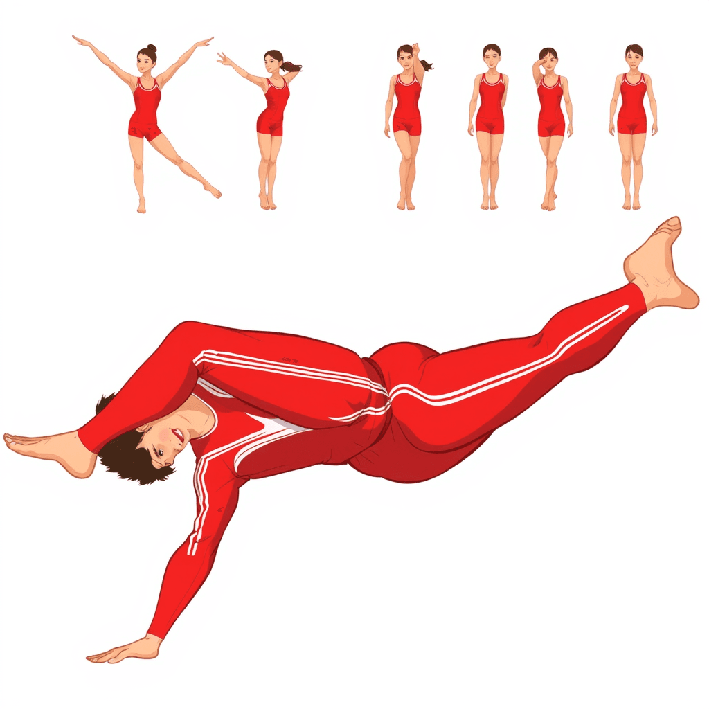 create red tracksuit. The tracksuit will have white stripes. Create 10 different gymnastics movement moves. Create in hand-drawn and 2D style.