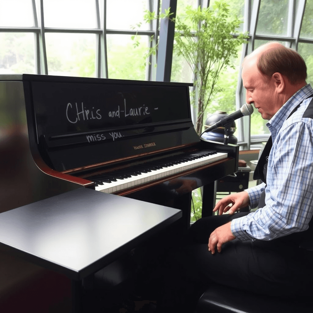 Hans zimmer playing piano at the Eden project. The piano has on it a messsge ‘Chris and Laurie - miss you’