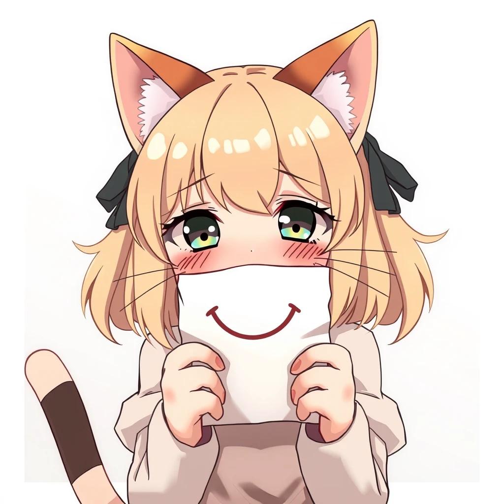 beautiful anime artwork, a cute anime catgirl that looks depressed holding a piece of paper with a smile drawn on it over her mouth, she is about to cry