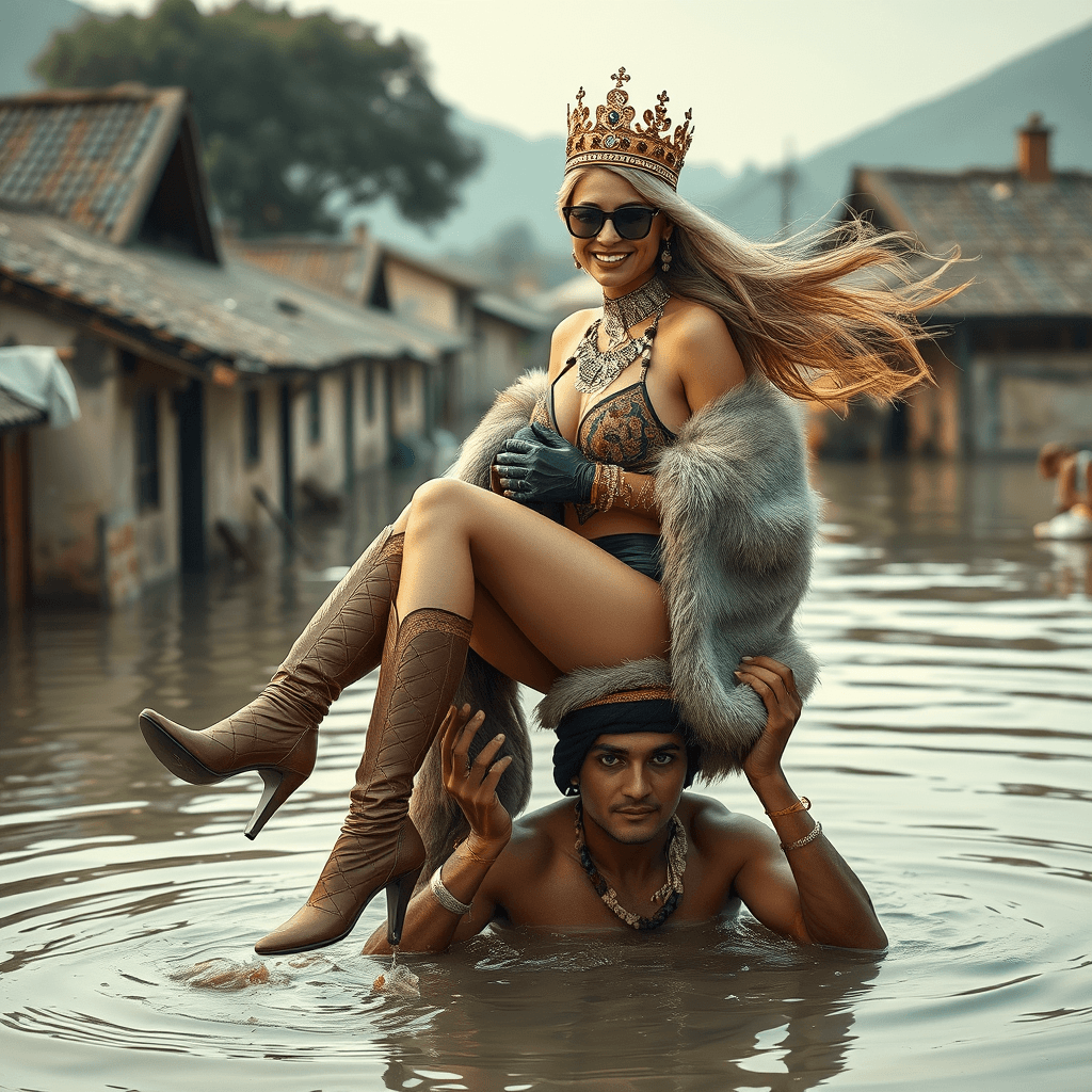 A very gorgeous, petite, smiling, young, white Pakistani woman, adorned in a crown, a grand gold necklace, various body jewelry, a black sunglass, a pair of silk glove, a stylish ornamental bikini, a fur long cape with brown knee high stiletto boot, gracefully navigates a small flooded village sitting on head of two strong man. the woman's leap is painted and dangling her legs. the woman's hair is flowing in the wind and creating a dramatic effect. The men carries her with utmost care, ensuring her boots do not touch the water, as they pass through a picturesque, yet submerged, village. The scene is bathed in a soft, ethereal glow, highlighting the contrast between the woman's beauty and the village's struggle.