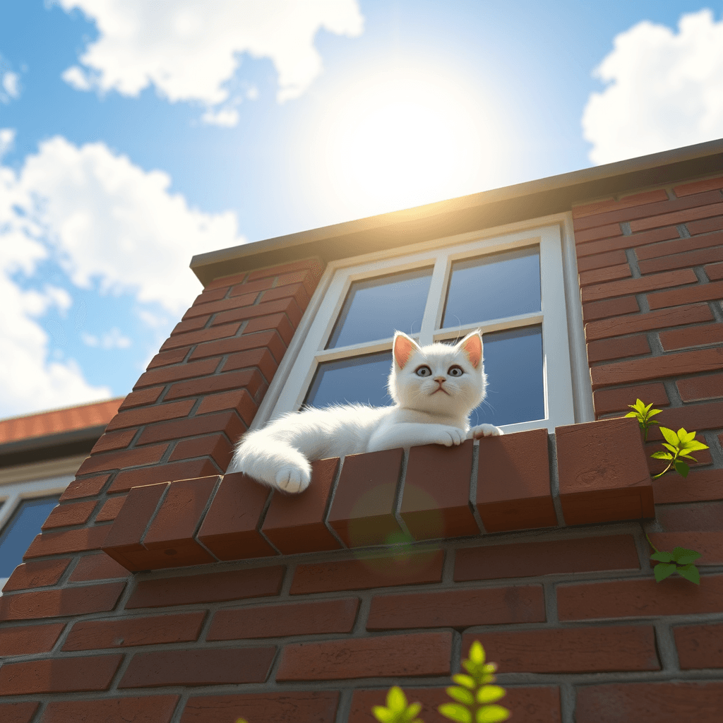 A 64k cinematic scene 2020s anime style by Studio Ghibli and Pixar, studio lighting, A close-up shot of the wall of a brick house with a very cute, white, furry kitten lying on the window of this house while enjoying the sun and the bright sky.. –-no people