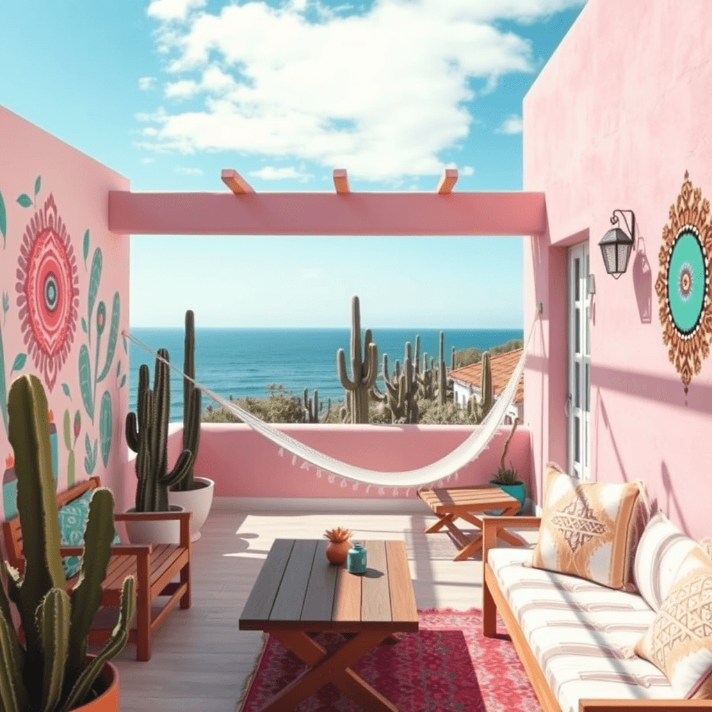 A pink and white boho-style terrace with ocean view, with cacti, wooden furniture, and a hammock. A pastel mural adorns the wall, featuring bohemian patterns and colors in shades of pink, green, blue, purple, and orange. In the background, a cactus garden can be seen on a sunny day, creating a cozy atmosphere perfect for an Instagram post.