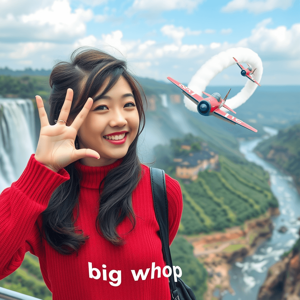 photo of a Japanese woman wearing a red sweater overlooking a waterfall with styled hair and a cheeky smile.  the girl is holding up her hands where it says 'big whoop'. there is an aircraft in the background doing a barrel roll