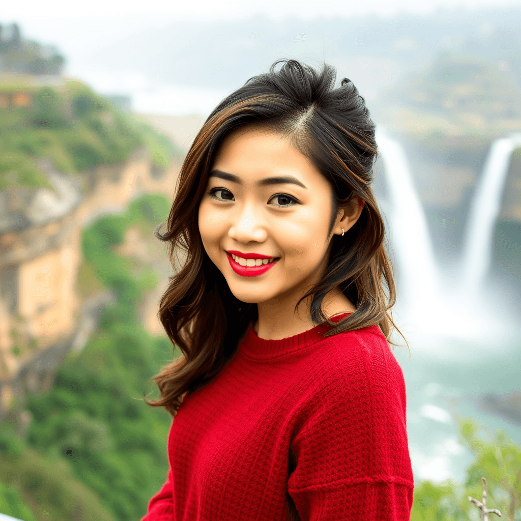 photo of a Chinese woman wearing a red sweater overlooking a waterfall with styled hair and a cheeky smile