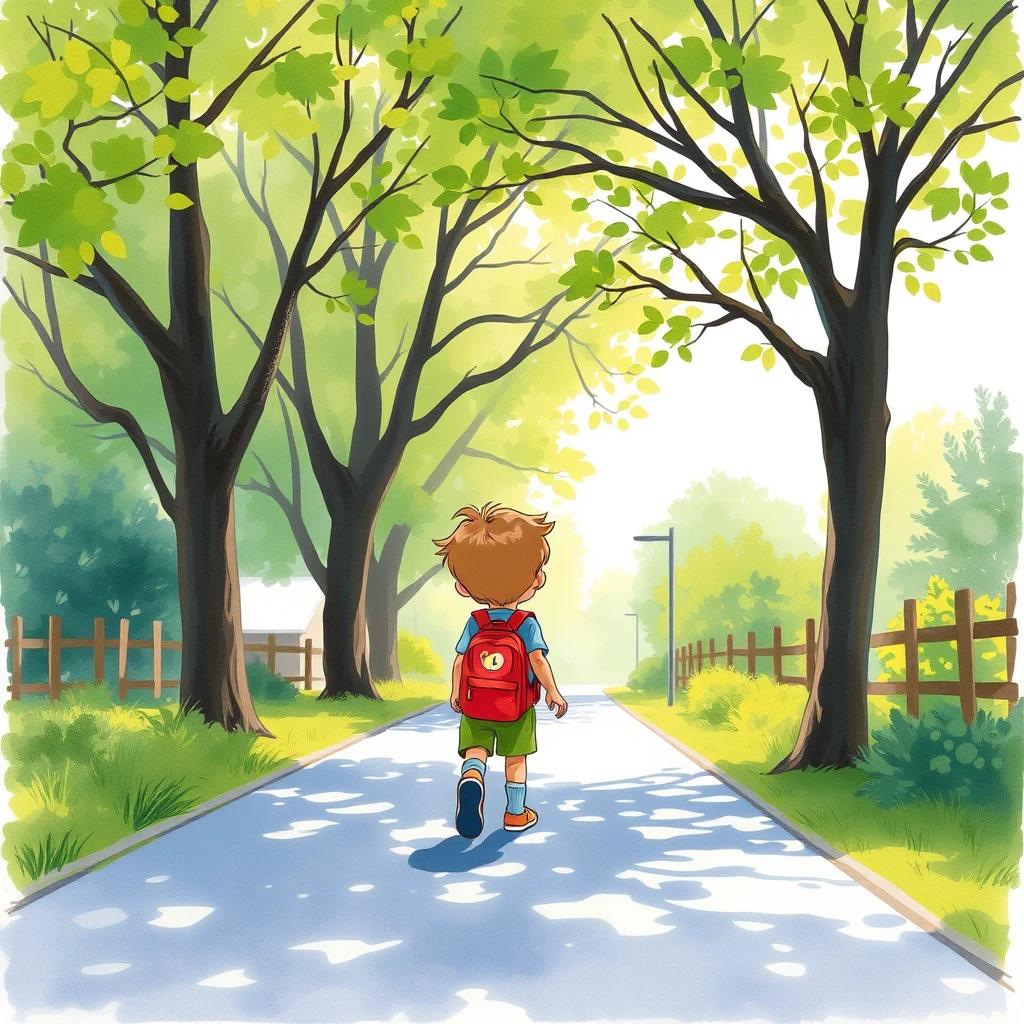 A child heading to school on a sunny afternoon, illustrated in the style of whimsical watercolor art. Bright pastel colors, cheerful atmosphere, dappled sunlight through trees