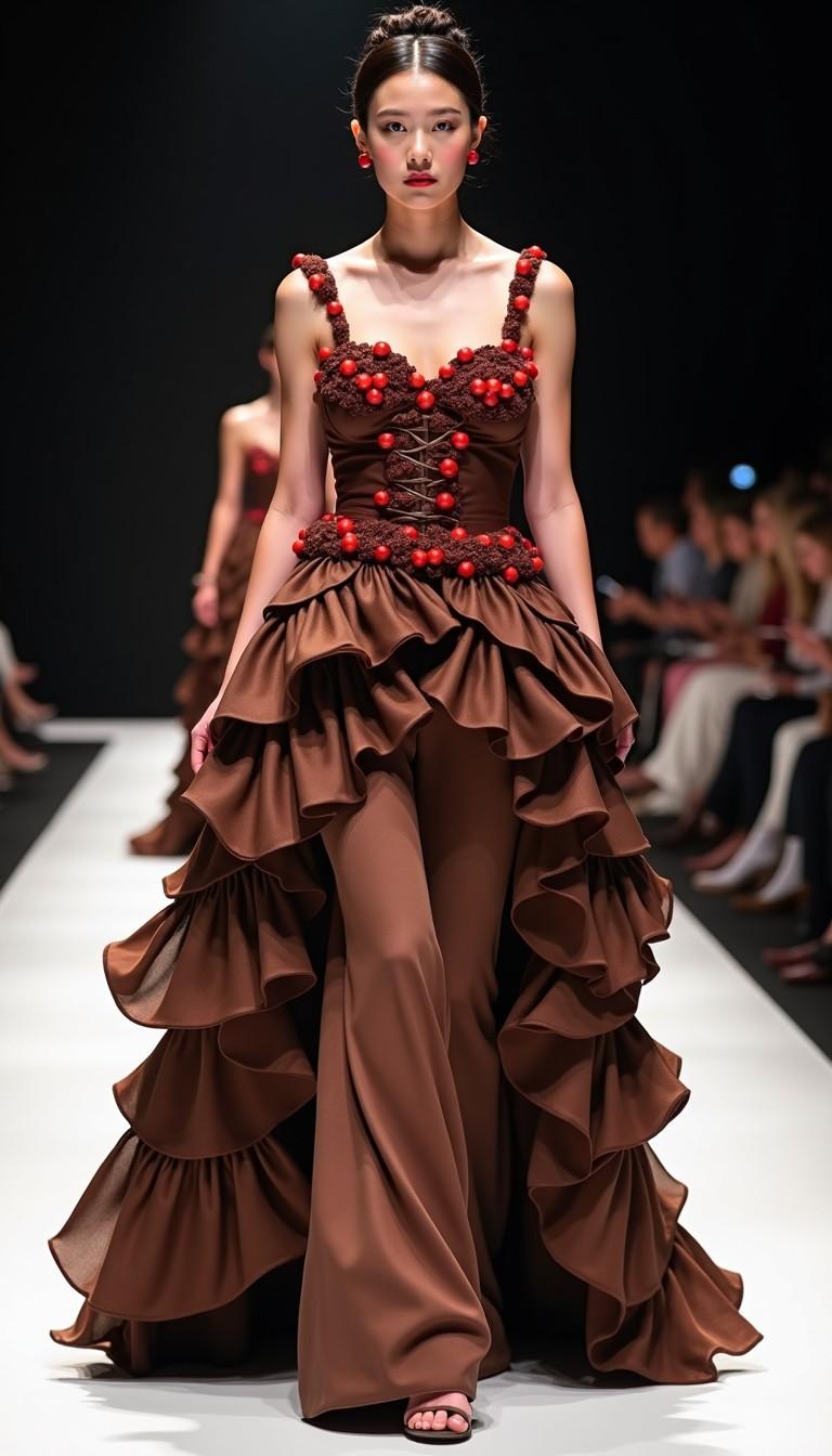 A statuesque model strides confidently down the Milan Fashion Week runway. Her ensemble, a breathtaking ode to the Schwarzwälder Kirschtorte, features layers of rich, chocolate-brown fabric, adorned with delicate cherry-red accents and a cascade of faux whipped cream ruffles.