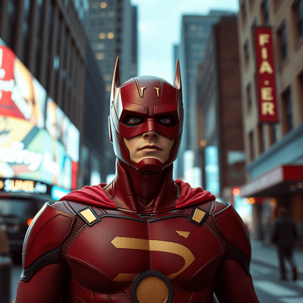 filmic photo of a superhero on a street downtown