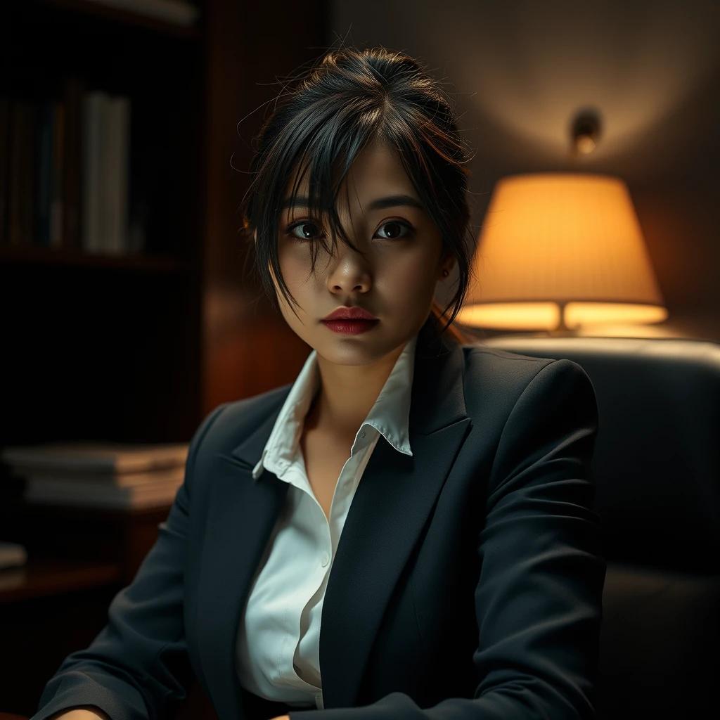 In a dimly lit office, a mysterious and alluring Asian woman in a tailored business suit sits at her desk, her gaze fixed on the camera with an intensity that both captivates and intrigues. The soft glow of the desk lamp highlights her sharp features and accentuates the curves of her body beneath the sophisticated fabric. A single strand of hair falls across her face, adding a touch of playful allure.