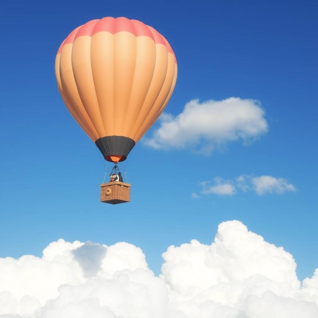 The scene of a dream world, a cute hot air balloon flying in the air, next to the white clouds and blue sky.