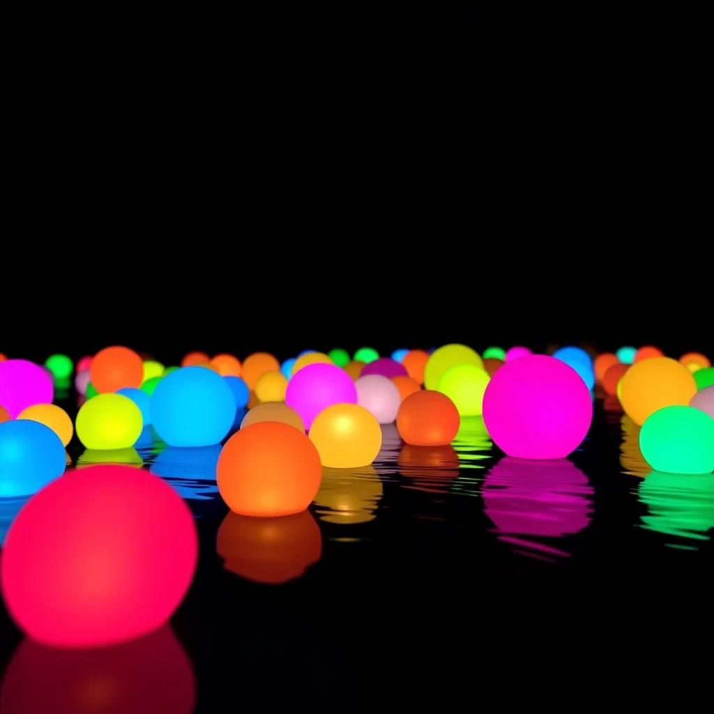 Colorful water balls float and glow in the dark sky