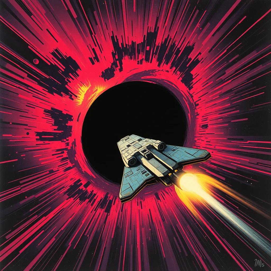 A spaceship entering a black hole, illustrated in the style of classic sci-fi concept art. 70s retro-futuristic colors, intense gravitational distortions, cosmic glow