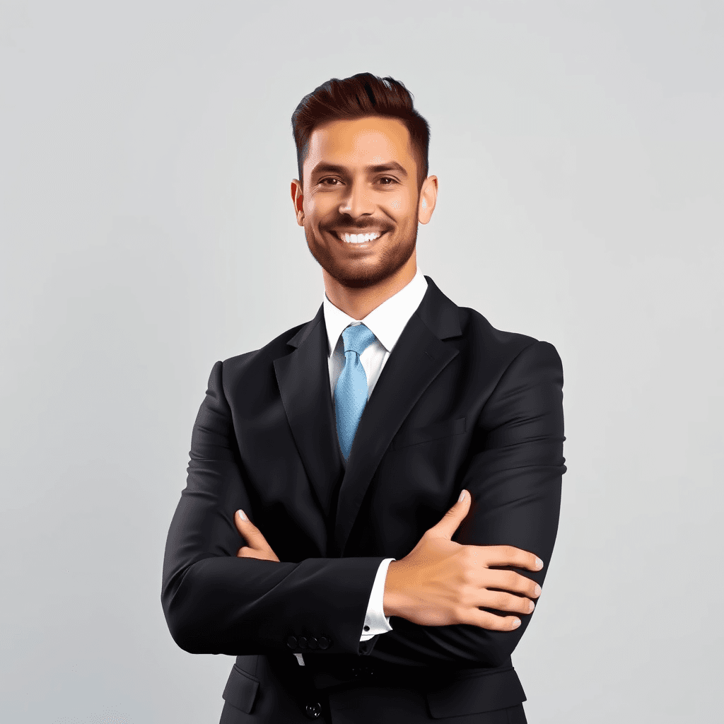 Create a realistic depiction of a confident man in his early thirties with medium tan skin, short dark hair, and a neatly trimmed beard. He is wearing a well-fitted black suit paired with a light blue tie and a white dress shirt. His posture is professional and assured, standing with his arms crossed in front of a plain background, exuding a warm and approachable demeanor with a bright smile. The man has a strong, solid build and an overall neat appearance, conveying professionalism and a positive attitude.