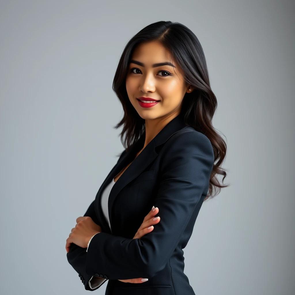 A confident and alluring Asian woman, dressed in a form-fitting business suit, gazes directly at the camera with a subtle, knowing smile. Her posture is relaxed yet poised, exuding an air of power and sensuality. The sleek lines of her suit accentuate her slim figure, hinting at the passion that lies beneath her professional demeanor