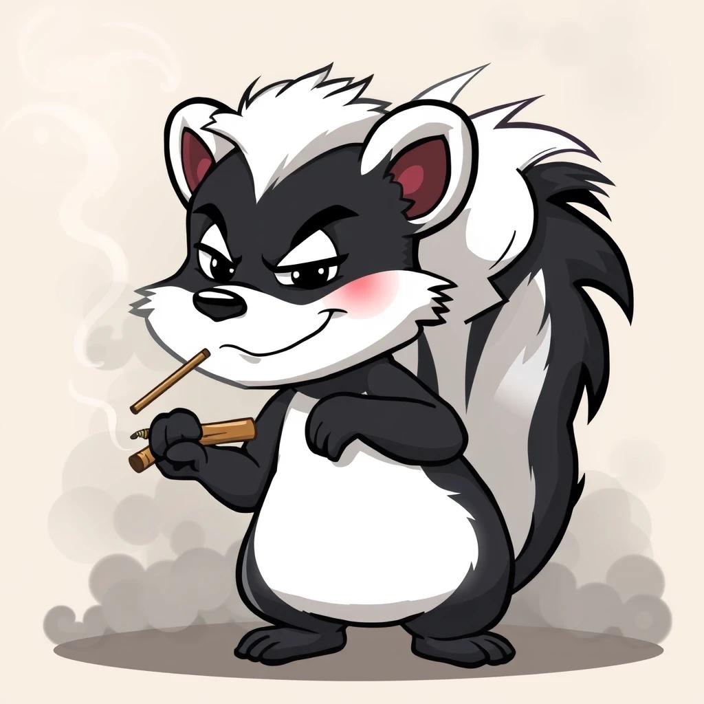 A cartoon-style skunk with a mischievous expression, holding a lit joint between its fingers. The skunk is surrounded by thick, swirling clouds of smoke, with some of the smoke forming interesting shapes in the air. The scene has a relaxed, hazy atmosphere, with the skunk's black-and-white fur standing out against the smoky background.