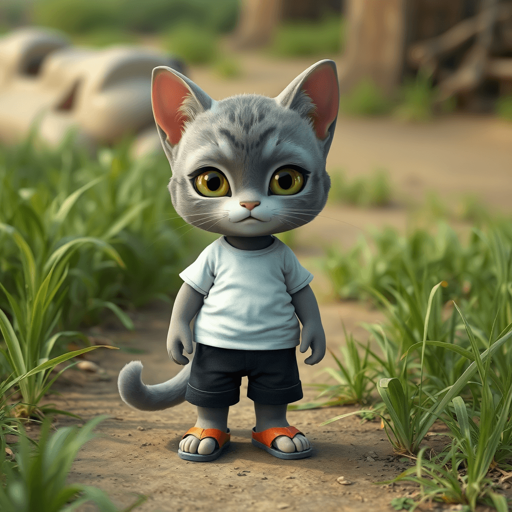 A extreme realistic digital art, 3D, digital art realistic, 3D, Chibi A young cat gray wearing white T-shirt, black shorts, mismatched flip-flops, in rural Thailand.