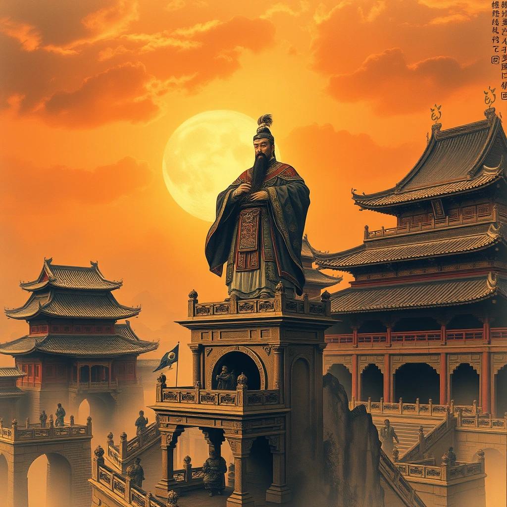 An ancient Chinese emperor standing on a tower of the Forbidden City, depicted in the style of traditional Chinese ink painting. Rich earthy tones, intricate architectural details, majestic sunset light