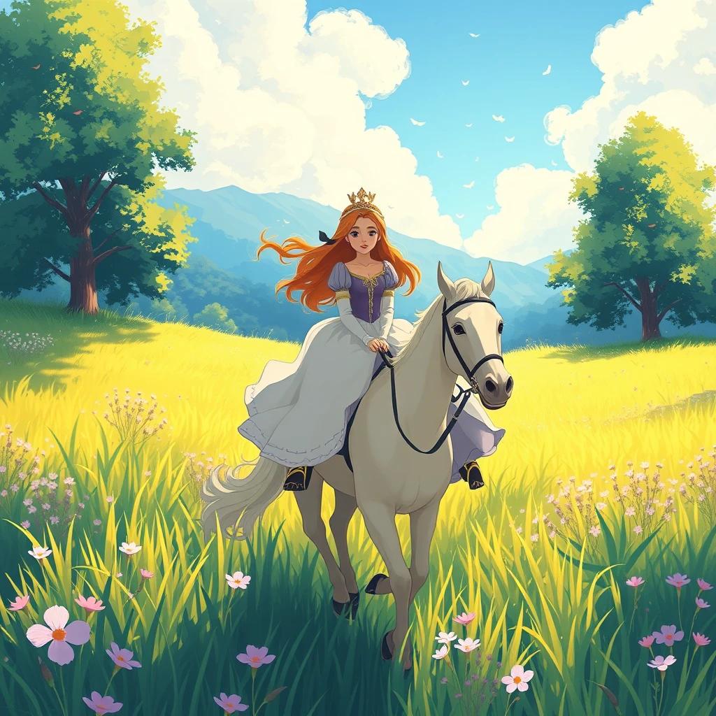 A princess and prince riding horses in a meadow, illustrated in the style of Studio Ghibli animation. 90s digital art, vibrant colors, magical afternoon light