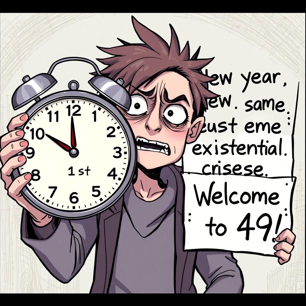 A character with a look of desperation holding a clock, with the date 'January 1st' and the phrase 'New year, same existential crisis. Welcome to 49!' written on a sign next to it."