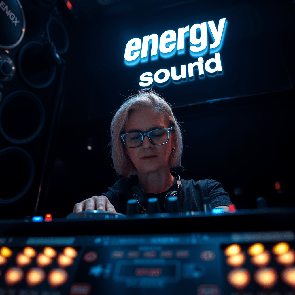 A low-angle, cinematic shot of a sleek, high-gloss black sound system, with the prominently 'Energy sound system' logo illuminated in bold, cromatic letters situated off the wall, radiating a sense of power and cutting-edge technology. The wall is illuminated with electric lights. At the helm, a blonde mid-aged Dj wears dark glasses with silver frames, their face subtly lit by the soft glow of the sound system's controls, their focused expression conveying a sense of creative intensity. The surrounding environment is dimly lit, with subtle, gradient shadows, evoking the ambiance of a high-energy night club and starship, where the sound system reigns supreme. The overall aesthetic is modern, edgy, and sophisticated, with bold lines, and a predominance of dark, muted tones, punctuated by the bright, electric blue of the energy logo.