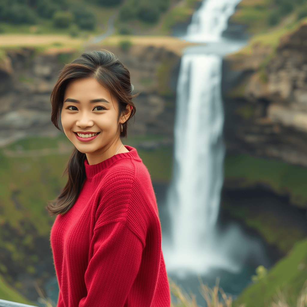 photo of a Japanese woman wearing a red sweater overlooking a waterfall with styled hair and a cheeky smile. dynamic shot