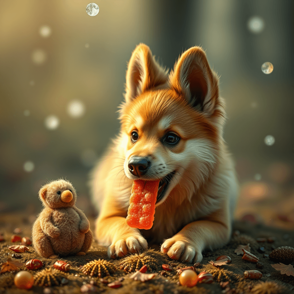 Ein Hund frisst Gummibärchen